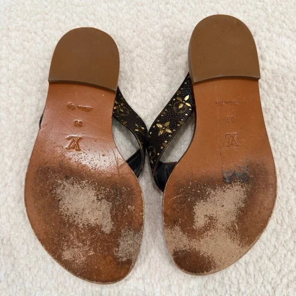 Louis Vuitton Brown and Black Sandals Flip Flops with Gold Accents 35 - Picture 5 of 8